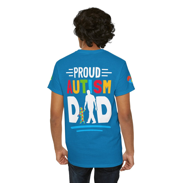 Sea Dragon Dreams blue heavy cotton t-shirt with Proud Autism Dad graphic on the back worn by a man