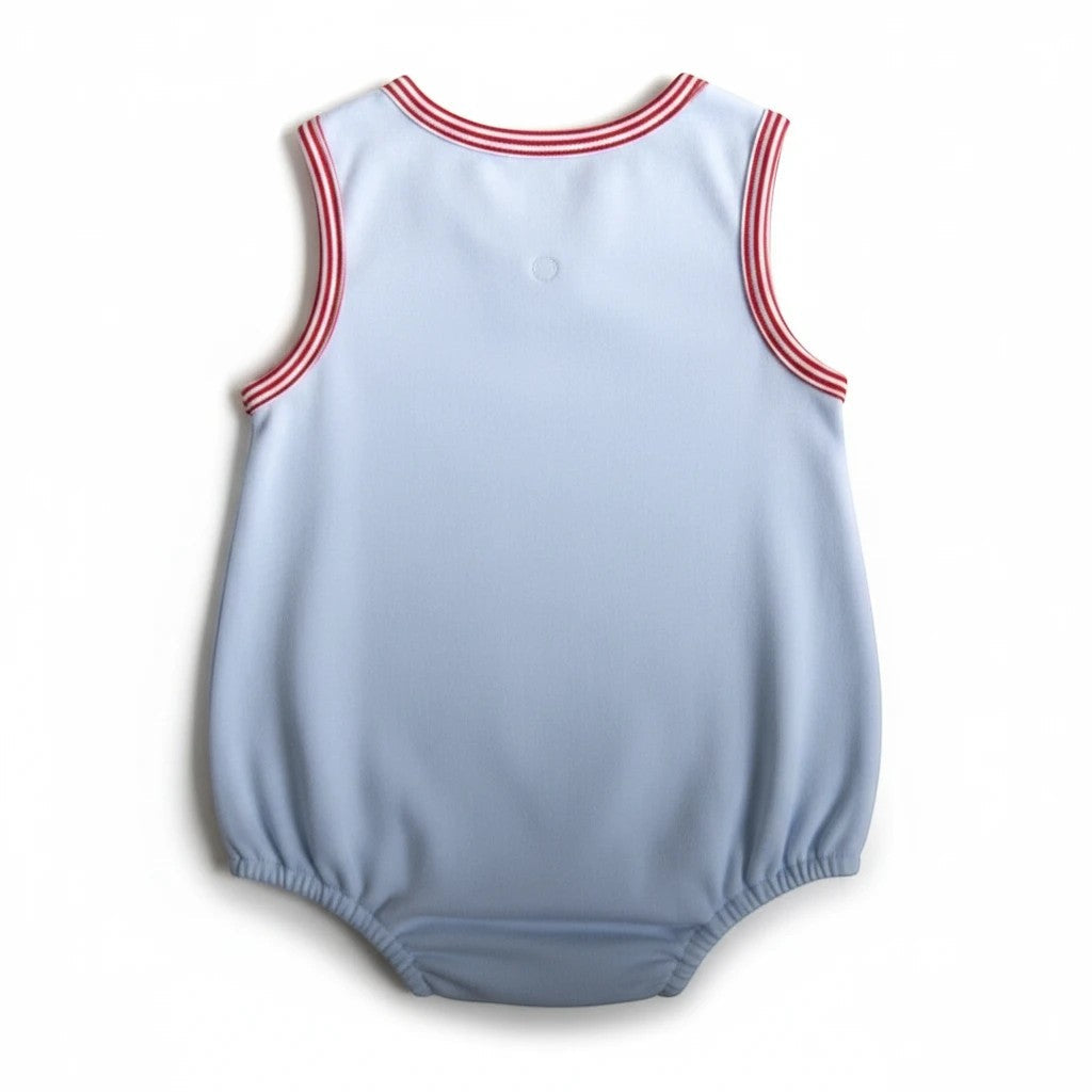 Sea Dragon Dreams light blue baby boy bubble romper with red striped trim on the neckline and armholes.