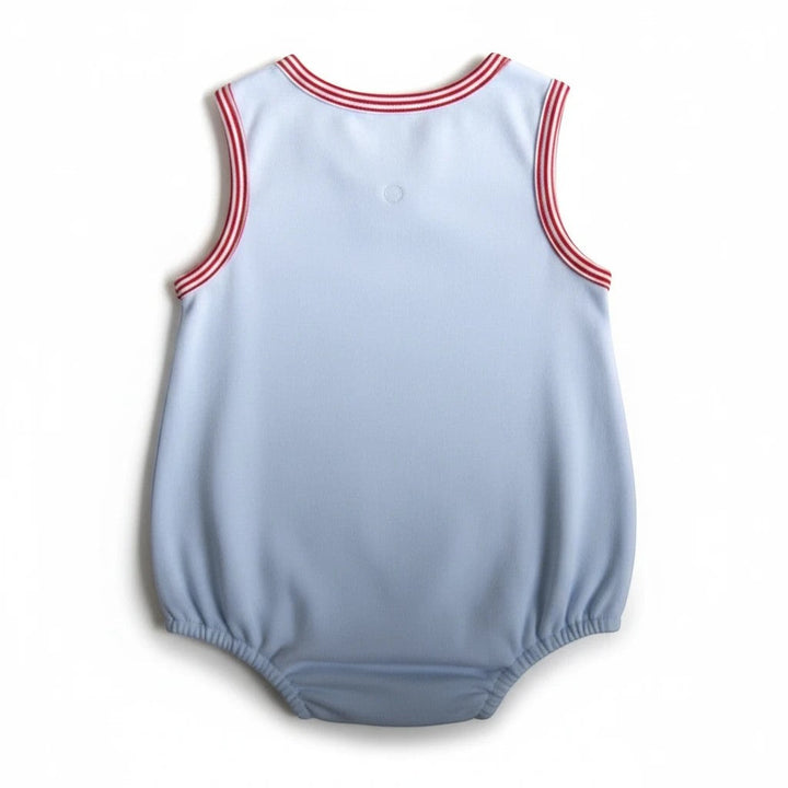 Sea Dragon Dreams light blue baby boy bubble romper with red striped trim on the neckline and armholes.