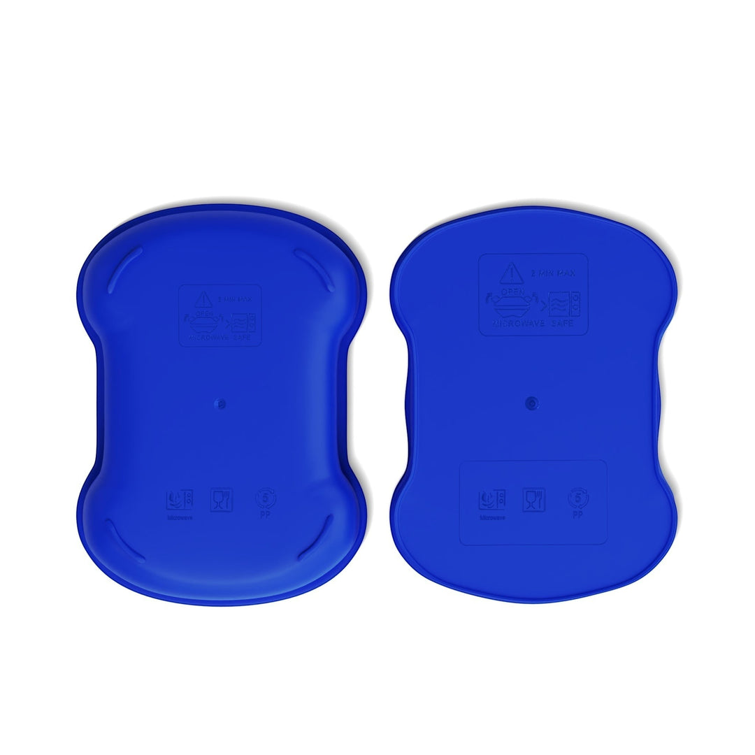 Sea Dragon Dreams blue BPA-free bento box lids showing microwave-safe and recycling symbols on the underside