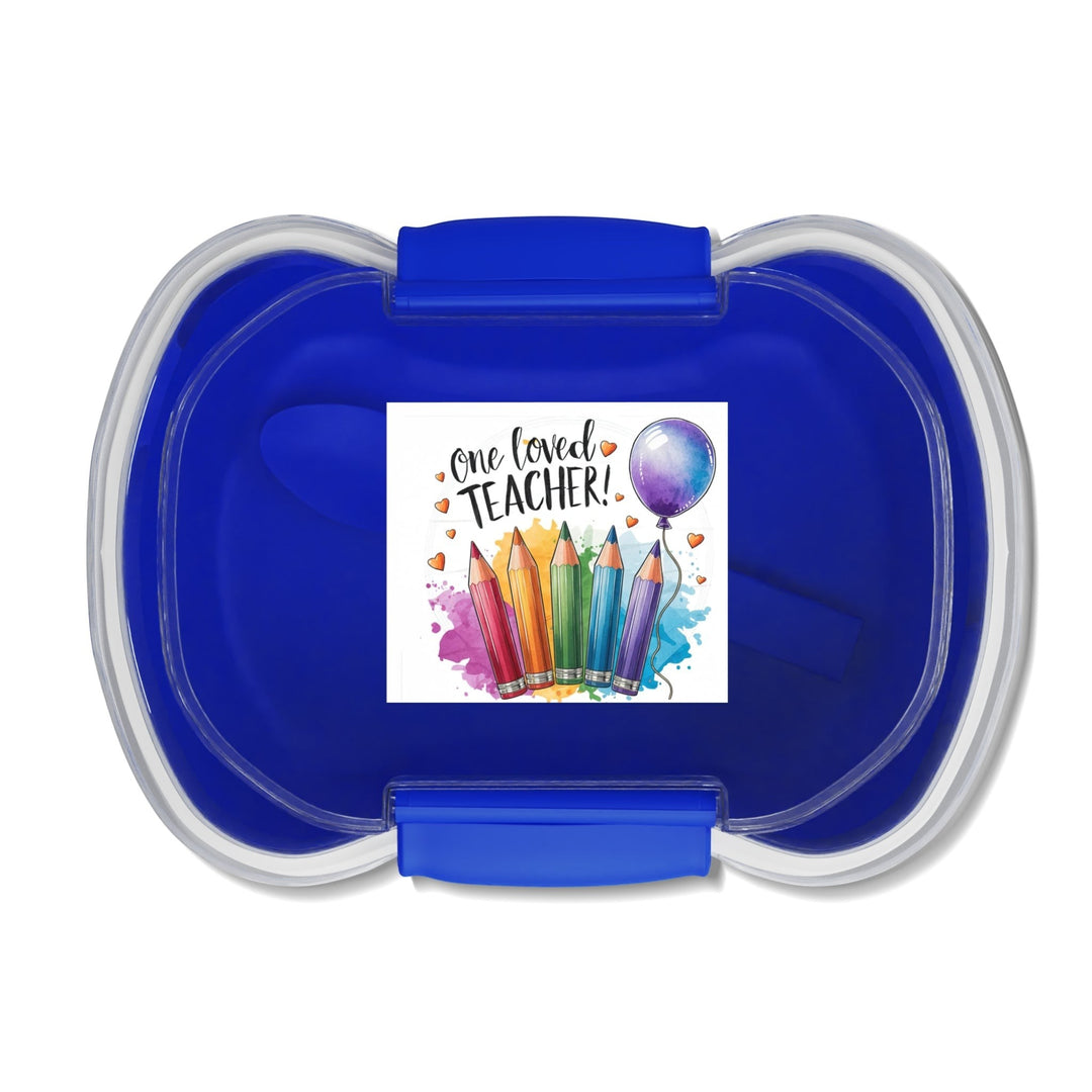 Sea Dragon Dreams two-tier blue bento box with One Loved Teacher pencil and balloon illustration on the lid.
