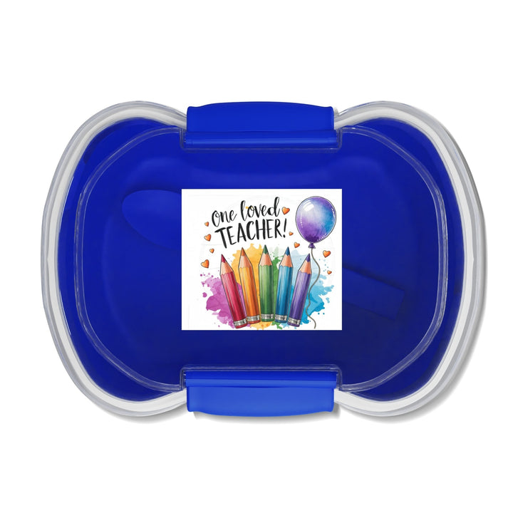 Sea Dragon Dreams two-tier blue bento box with One Loved Teacher pencil and balloon illustration on the lid.