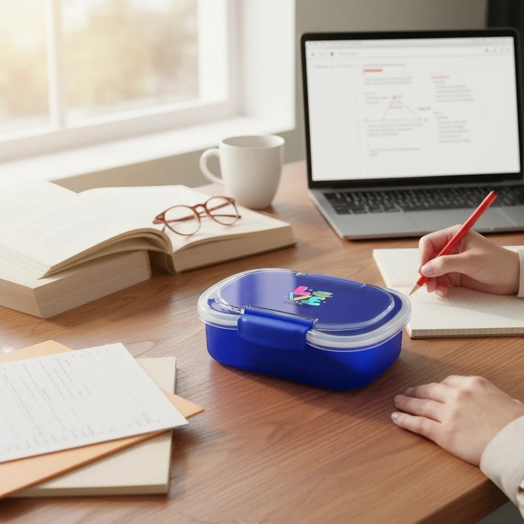 Sea Dragon Dreams Love Teacher's Life blue two-tier bento box on a wooden desk with a laptop and books.
