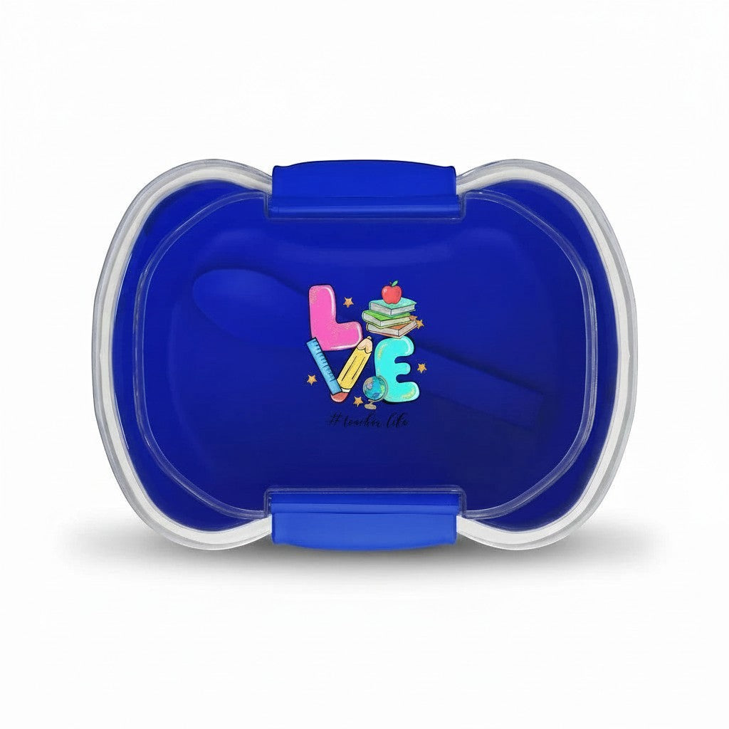 Sea Dragon Dreams blue two-tier bento box with Love Teacher's Life school supply graphic and included spoon