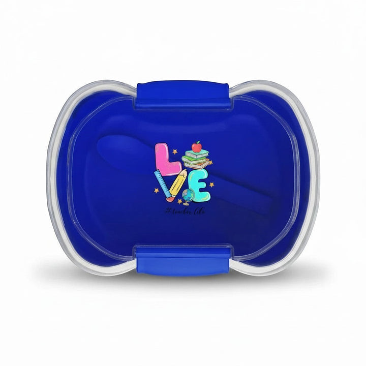 Sea Dragon Dreams blue two-tier bento box with Love Teacher's Life school supply graphic and included spoon