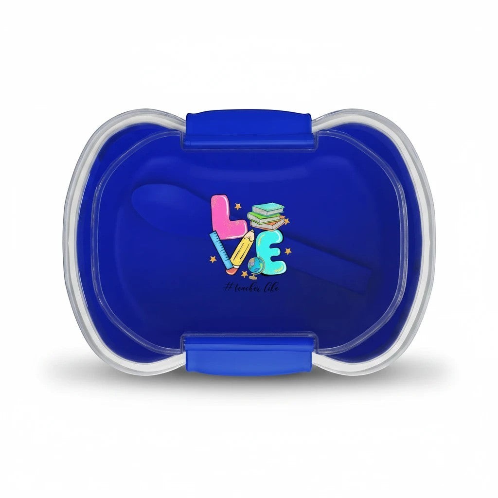 Sea Dragon Dreams blue two-tier bento box with Love Teacher's Life graphic, including a foldable spoon.