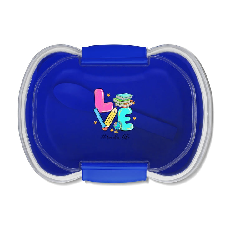Sea Dragon Dreams blue two-tier bento box with Love Teacher's Life graphic and included spoon