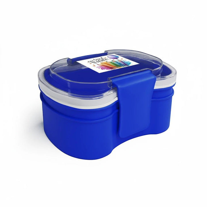Sea Dragon Dreams blue two-tier bento box with One Loved Teacher design, featuring a clear lid and secure side clips.