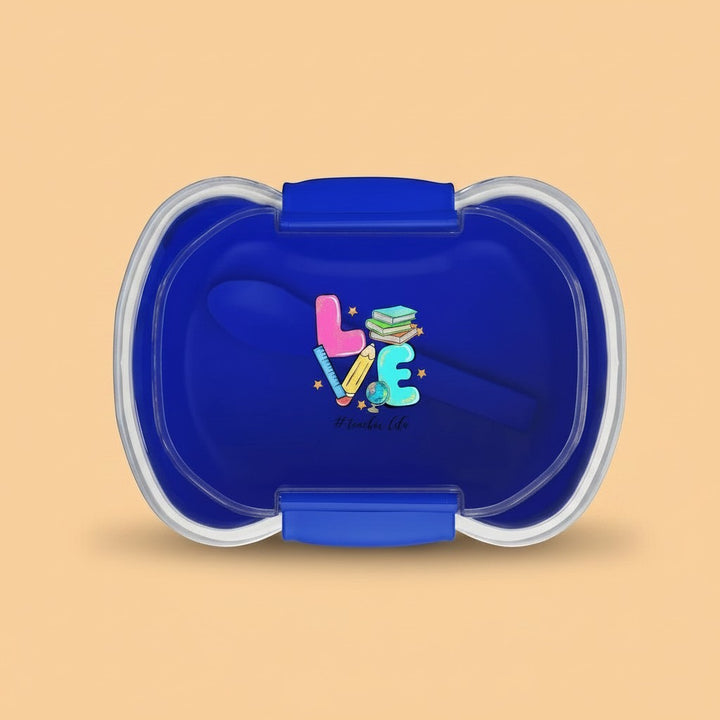 Sea Dragon Dreams blue two-tier bento box with Love Teacher's Life graphic, including a foldable spoon.