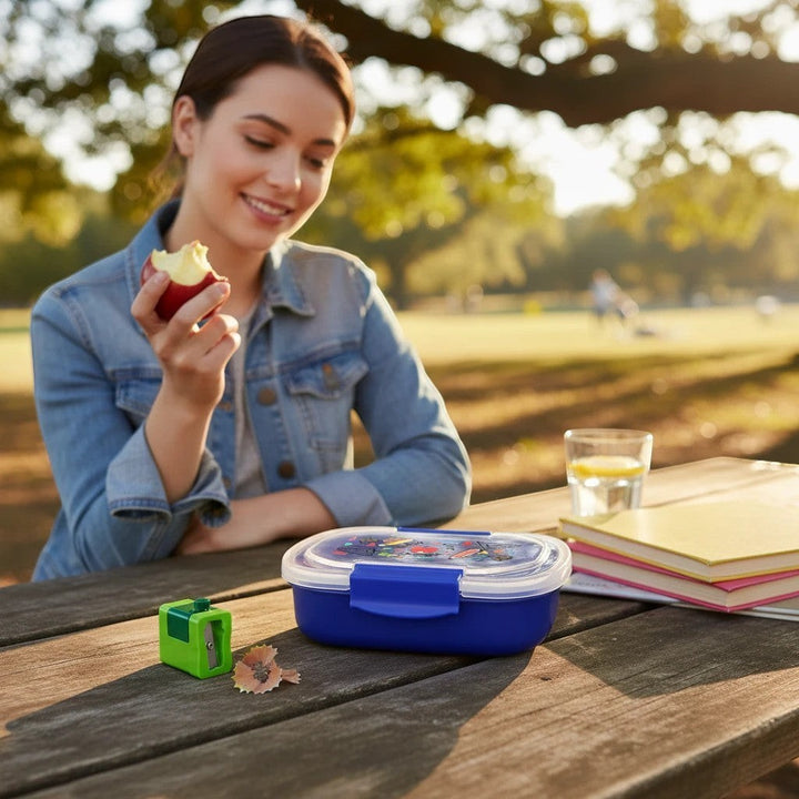 Sea Dragon Dreams Teach Love Inspire two-tier blue bento box on a picnic table with a woman eating an apple