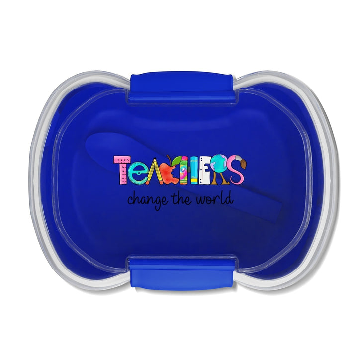 Sea Dragon Dreams blue two-tier bento box with Teachers Change The World text and school supply graphic design
