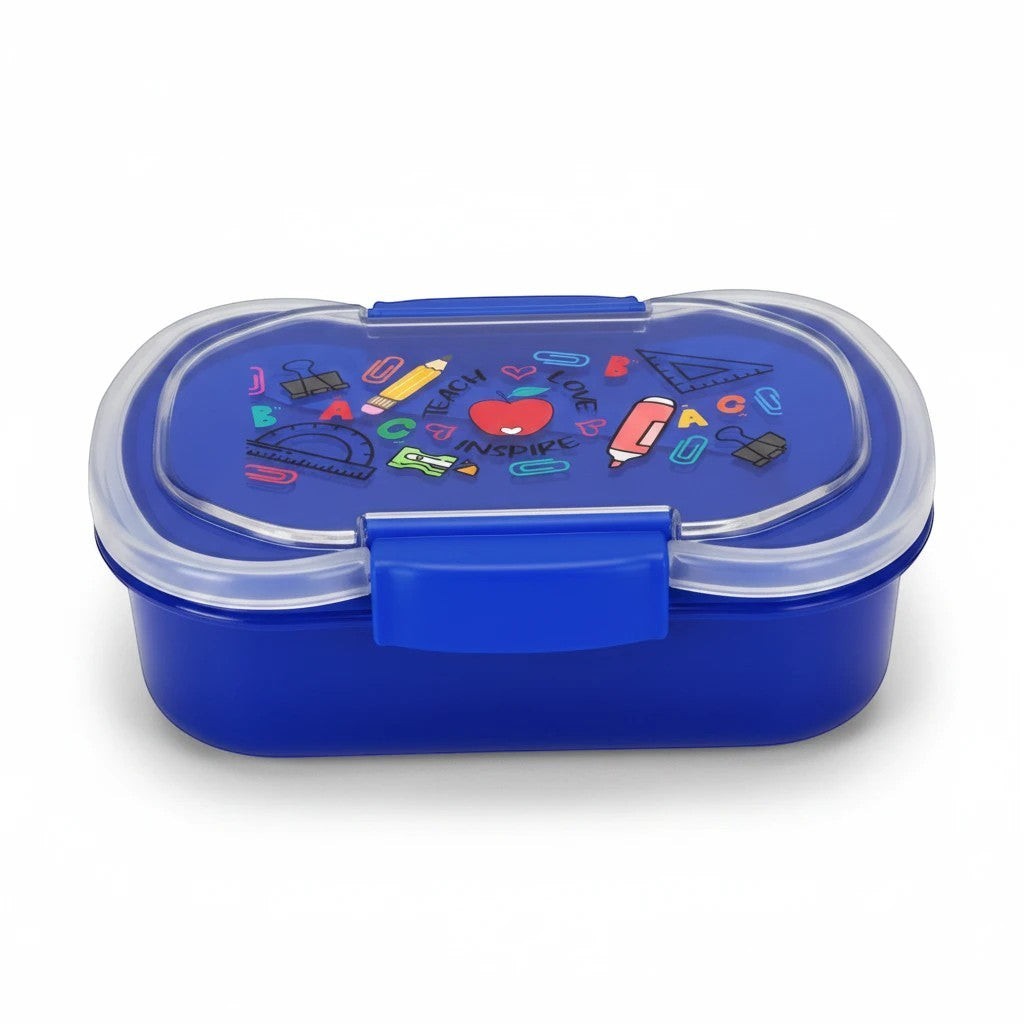 Sea Dragon Dreams blue two-tier bento box with Teach Love Inspire school supply print and clear lid