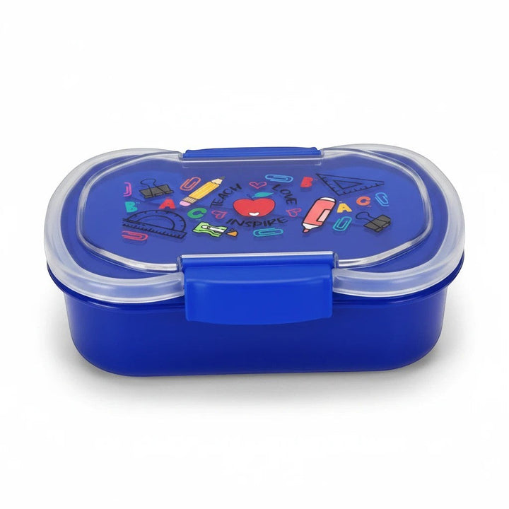 Sea Dragon Dreams blue two-tier bento box with Teach Love Inspire school supply print and clear lid