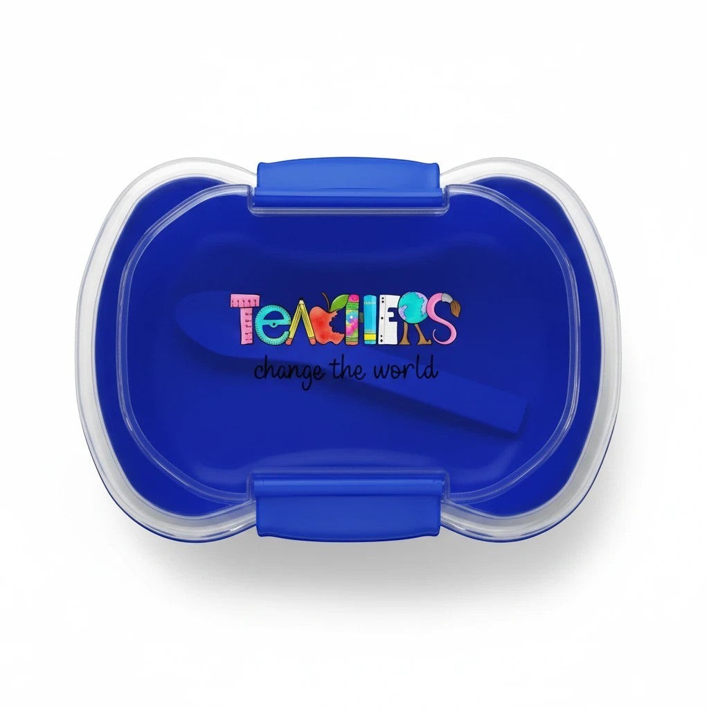 Sea Dragon Dreams Teachers Change The World blue two-tier bento box with a foldable spoon, top-down view.