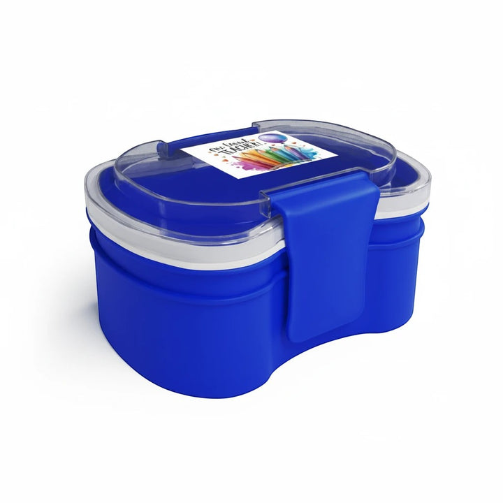 Sea Dragon Dreams blue two-tier bento box with One Loved Teacher pencil design on the clear lid