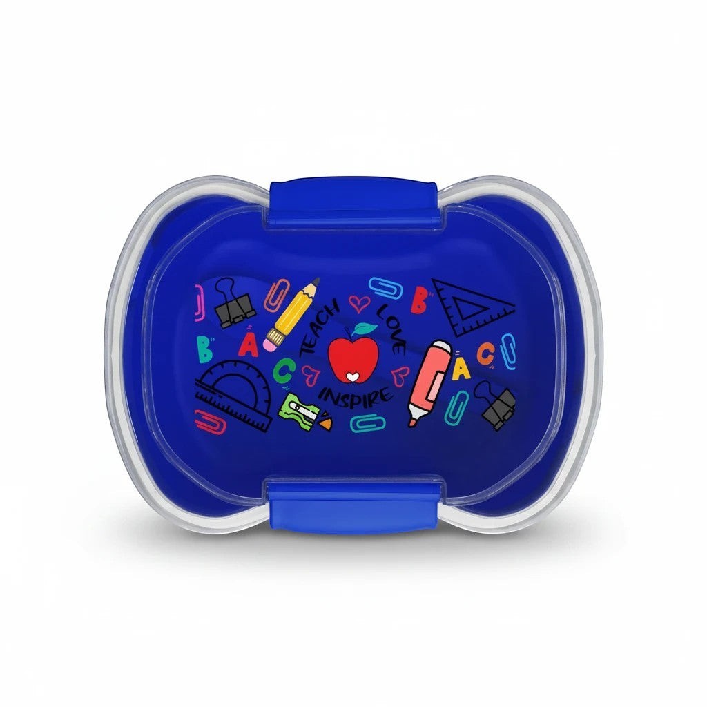 Sea Dragon Dreams Teach Love Inspire two-tier blue bento box with school supply graphics and a central apple icon.