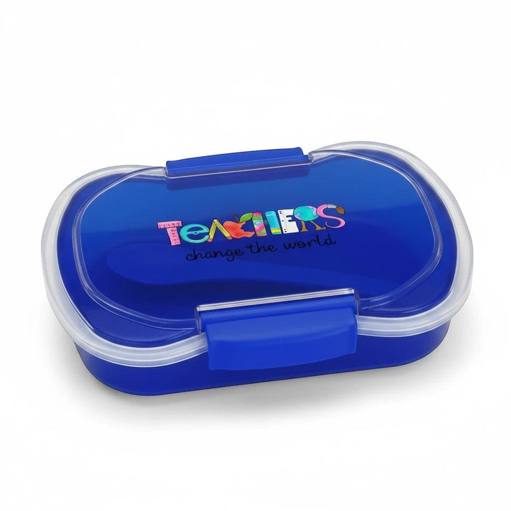 Sea Dragon Dreams blue two-tier bento box with Teachers Change The World text and clear lid on white background