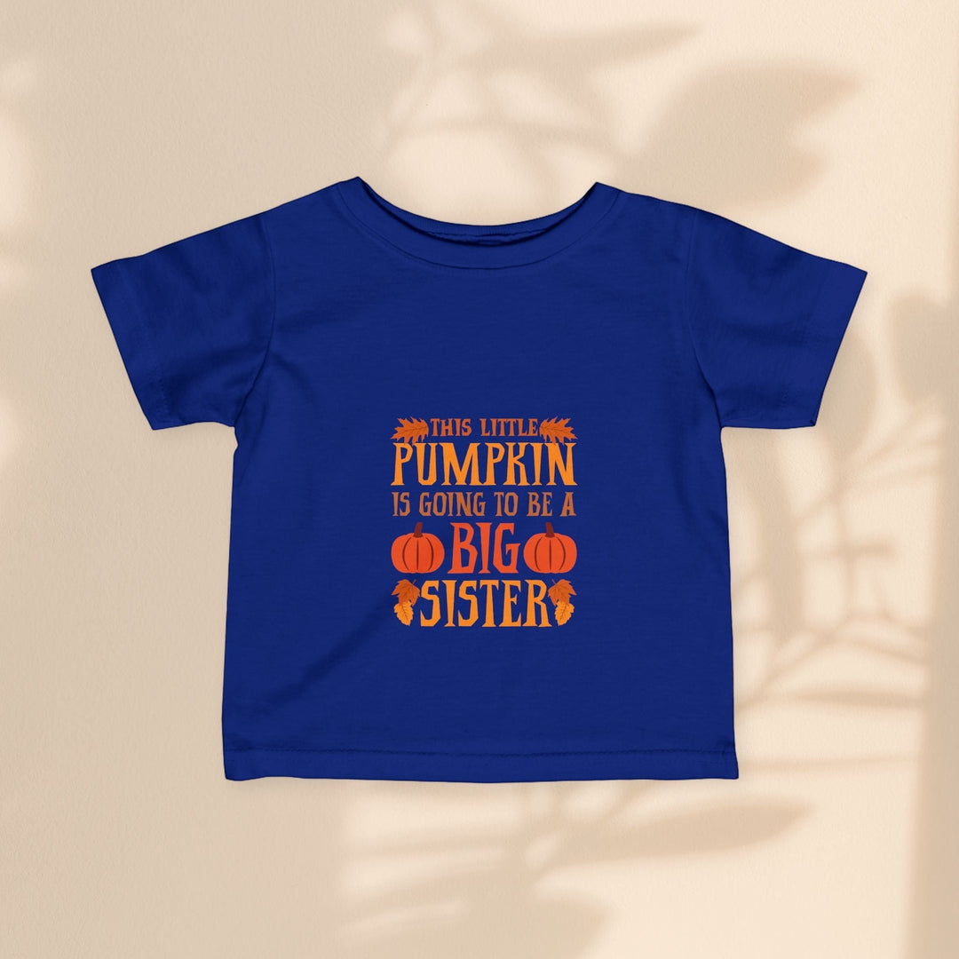 Sea Dragon Dreams infant blue cotton t-shirt with Big Sister Pumpkin graphic print for fall announcements.