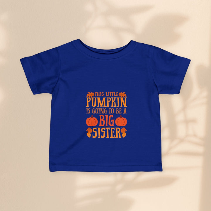 Sea Dragon Dreams infant blue cotton t-shirt with Big Sister Pumpkin graphic print for fall announcements.