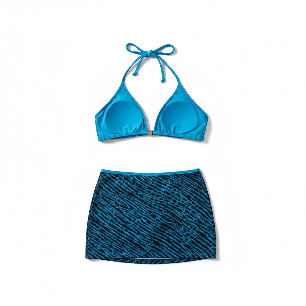 Sea Dragon Dreams blue bikini top with halter neck and matching patterned skirt bottom in quick-dry stretch fabric