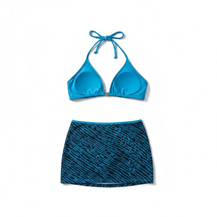 Sea Dragon Dreams blue bikini top with halter neck and matching patterned skirt bottom in quick-dry stretch fabric