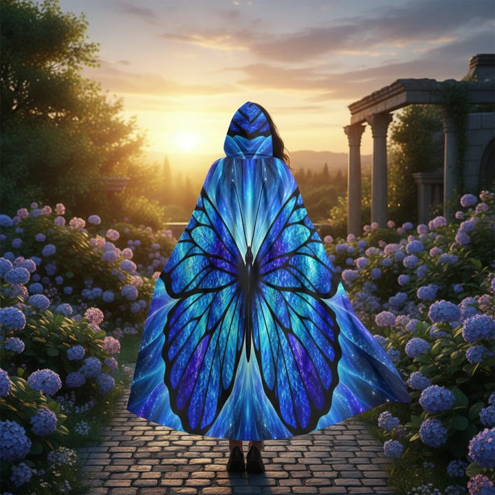 Sea Dragon Dreams hooded cloak with vibrant blue butterfly wing print, worn by a person in a garden at sunset.