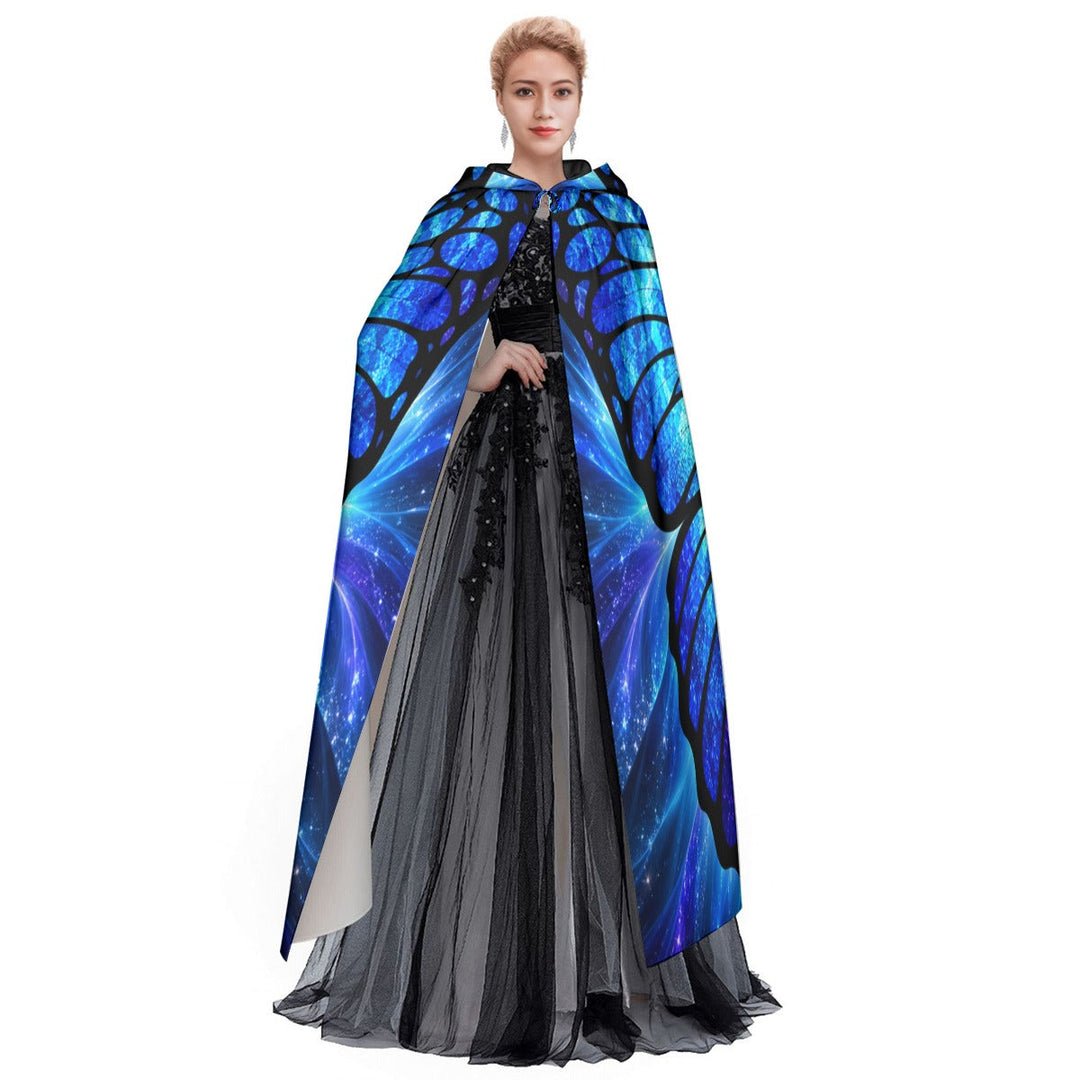 Sea Dragon Dreams blue morpho butterfly hooded cloak worn by a model in a black gown for cosplay or festivals