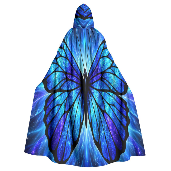 Sea Dragon Dreams hooded cloak featuring a vibrant blue and black butterfly wing pattern for cosplay and festivals.