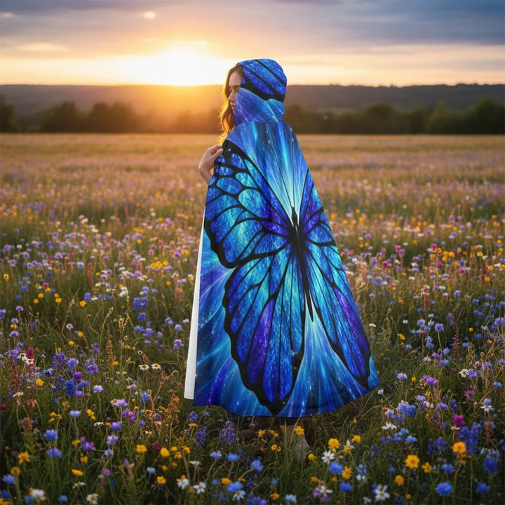 Sea Dragon Dreams hooded cloak featuring a vibrant blue and black butterfly wing pattern worn in a wildflower meadow.