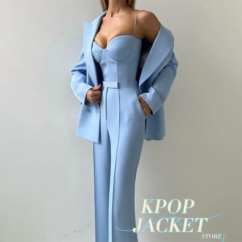 Sea Dragon Dreams light blue 3-piece pantsuit featuring a tailored blazer, corset bustier top, and straight-leg pants.