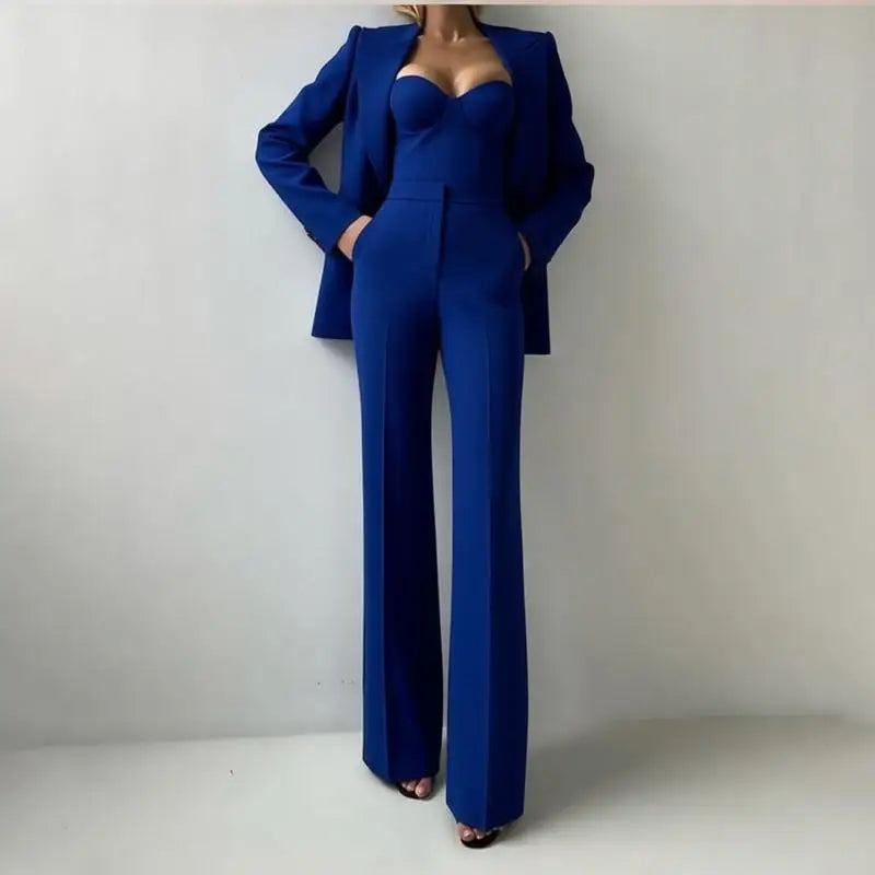 Sea Dragon Dreams royal blue 3-piece pantsuit with tailored blazer, corset bustier, and straight-leg trousers.