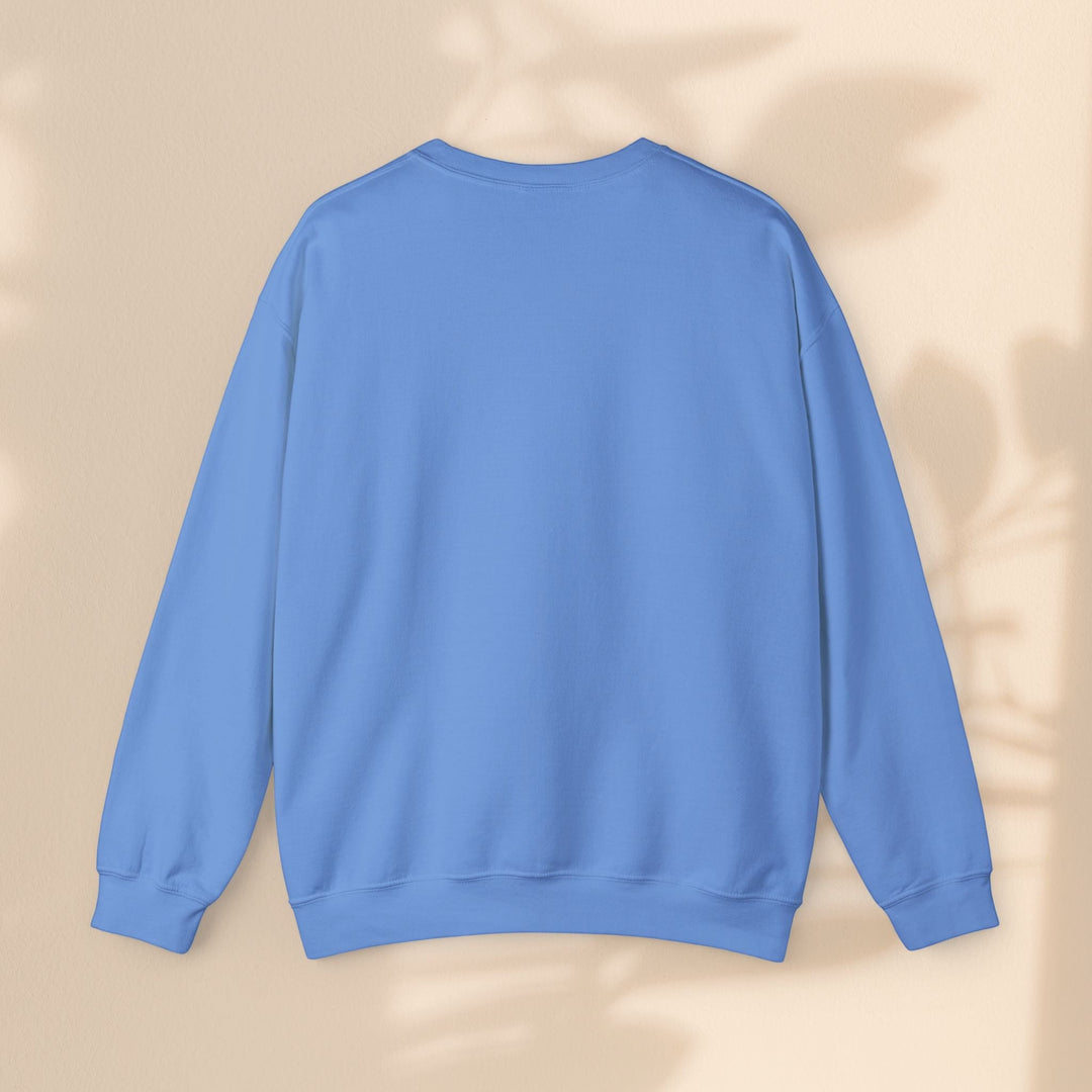 Sea Dragon Dreams unisex blue crewneck sweatshirt, back view, made from a durable cotton and polyester blend.