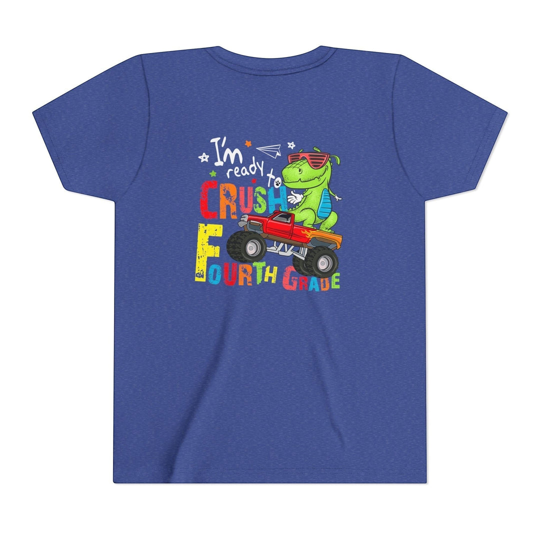 Sea Dragon Dreams blue youth t-shirt featuring a green dinosaur driving a red monster truck with Fourth Grade text.