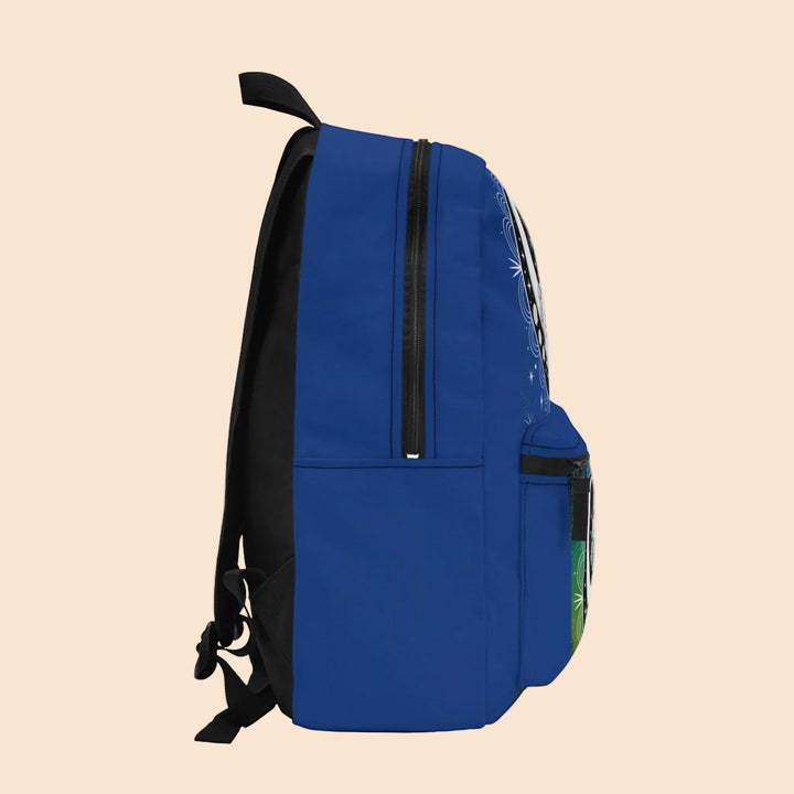 Side view of a blue Sea Dragon Dreams backpack featuring a yin-yang dragon design, padded straps, and durable zippers.