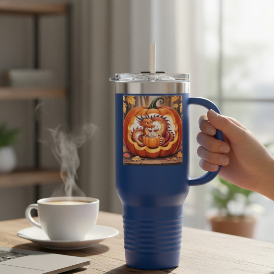 Sea Dragon Dreams 40oz blue stainless steel insulated travel mug featuring a dragon and pumpkin Halloween graphic