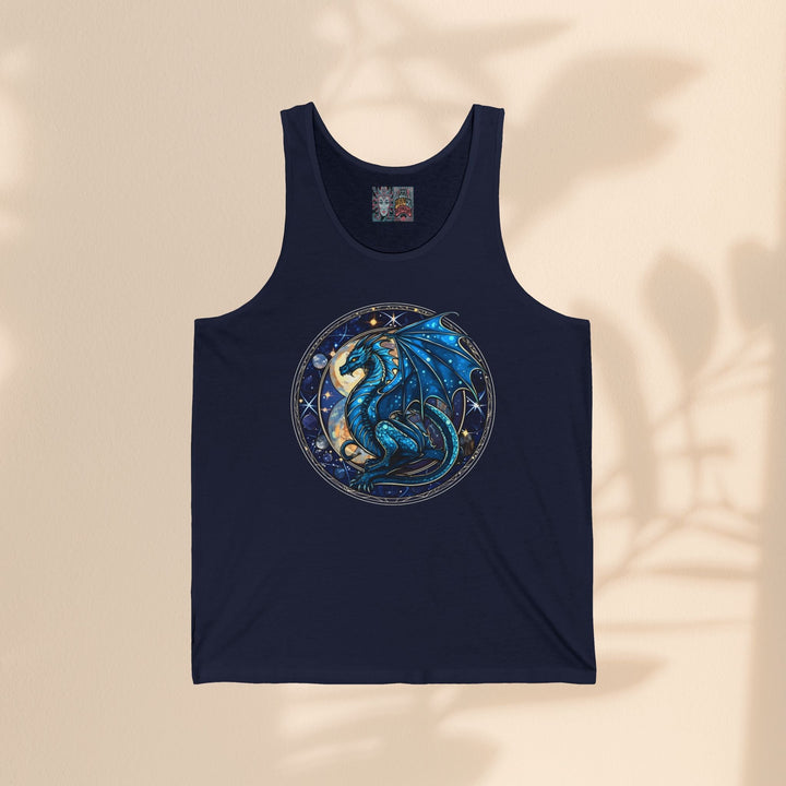 Sea Dragon Dreams unisex jersey tank in navy blue featuring a circular blue dragon graphic with celestial details.
