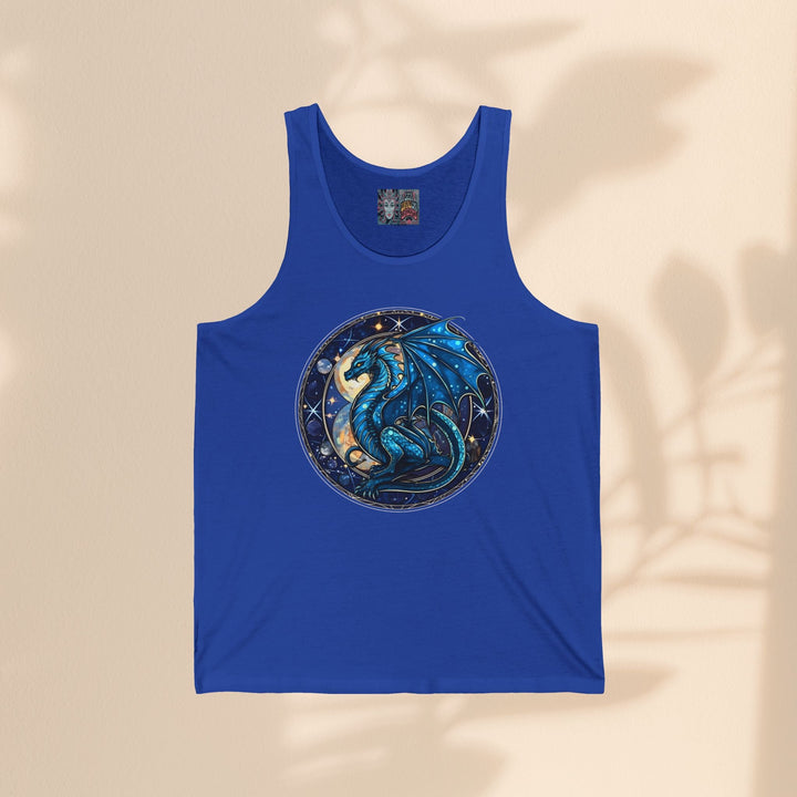 Sea Dragon Dreams blue unisex jersey tank top featuring a circular blue dragon graphic with moon and star details.
