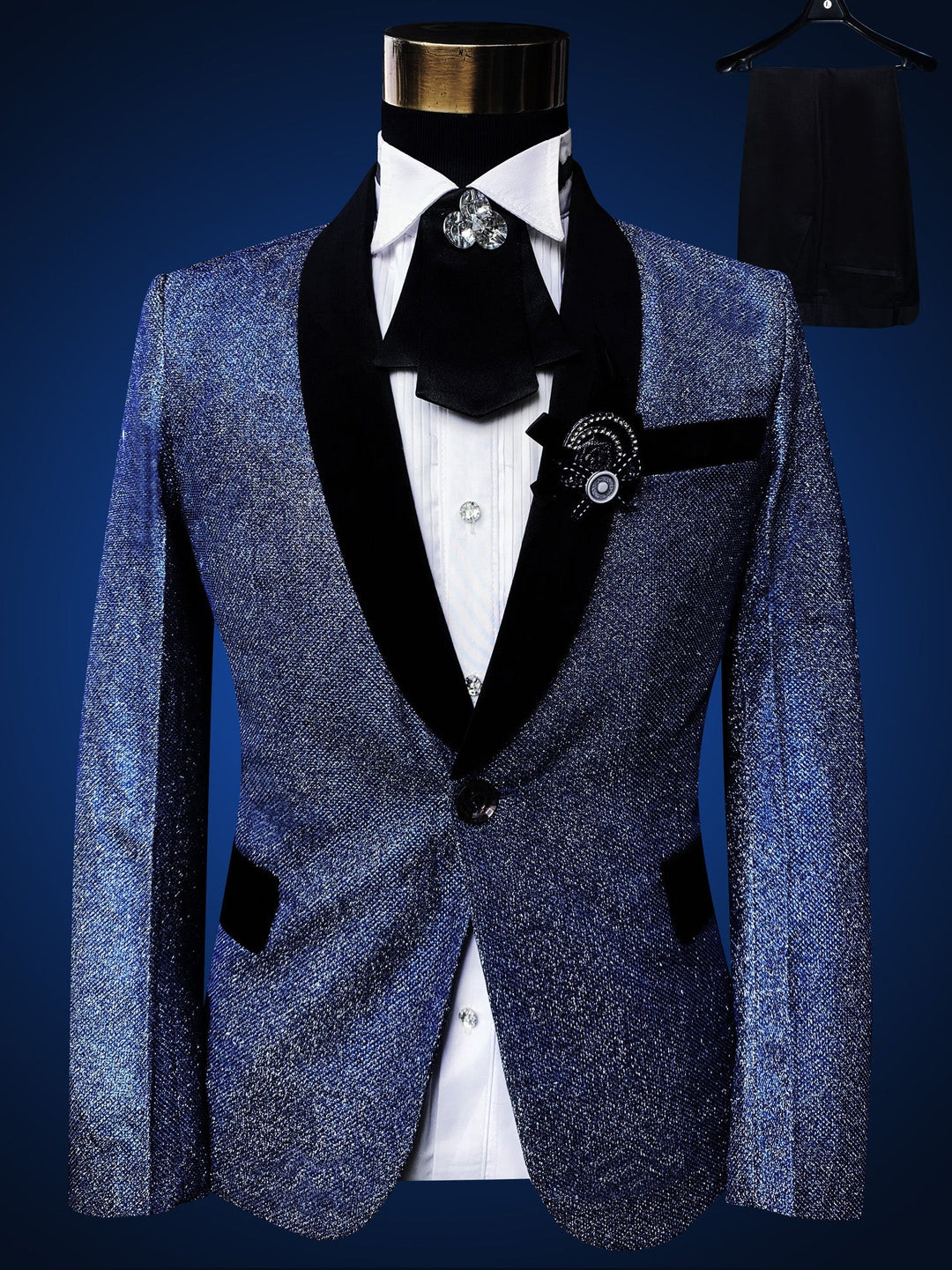 Sea Dragon Dreams blue embroidered black tuxedo suit with shawl lapel, worn on a mannequin for formal events.