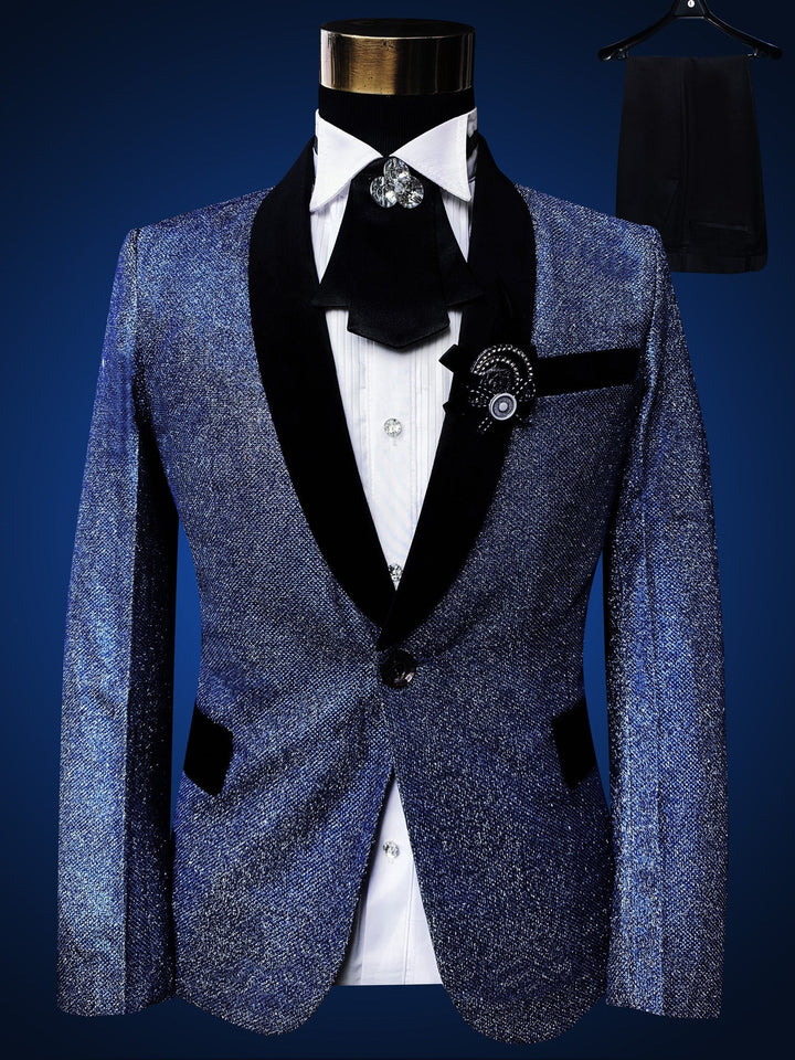 Sea Dragon Dreams blue embroidered black tuxedo suit with shawl lapel, worn on a mannequin for formal events.