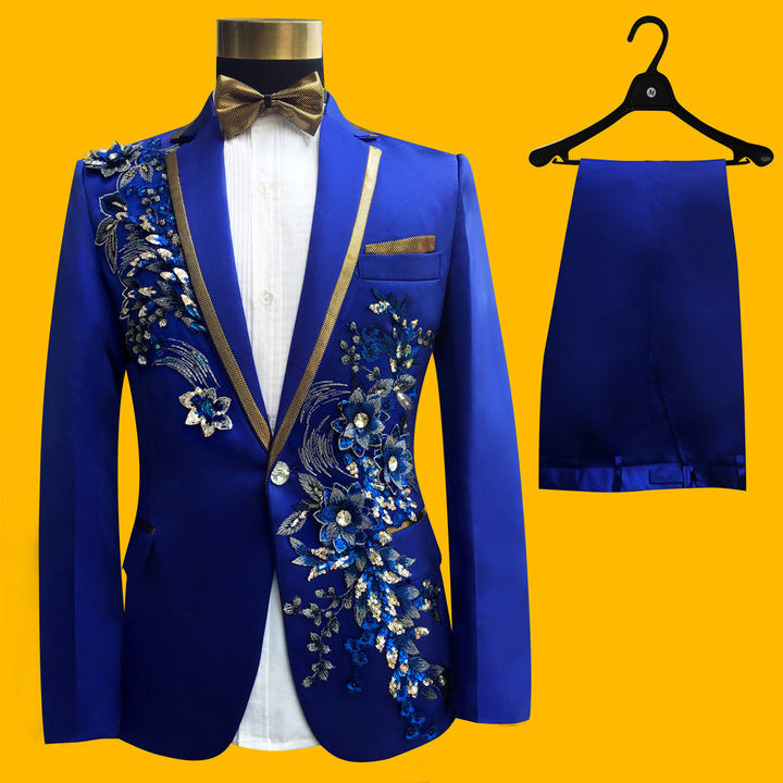 Sea Dragon Dreams blue slim-fit tuxedo suit with intricate floral embroidery, paillette accents, and matching trousers
