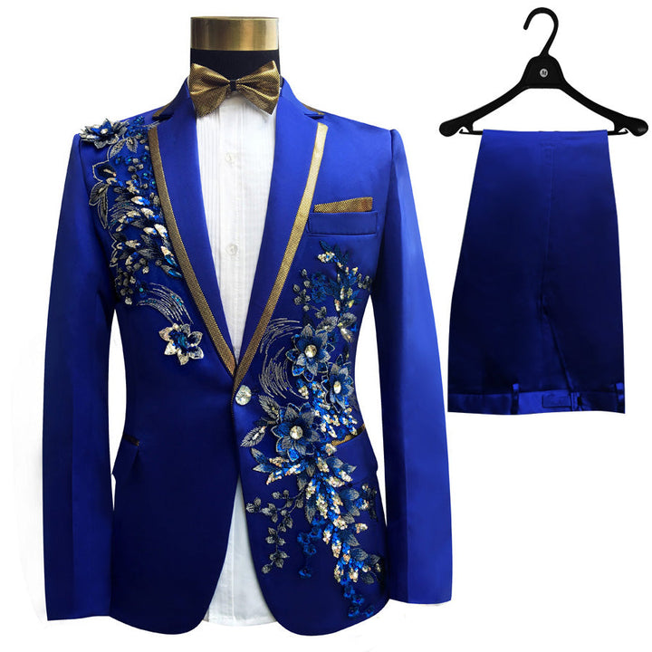 Sea Dragon Dreams blue slim-fit tuxedo blazer with intricate floral embroidery, sequins, and matching dress pants.