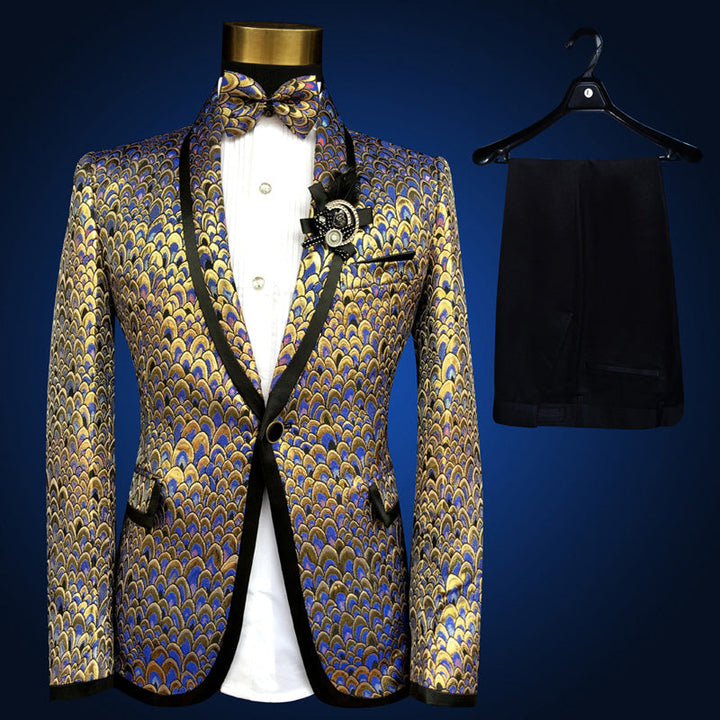 Sea Dragon Dreams four-piece tuxedo suit featuring a black blazer with blue and gold peacock-style embroidery