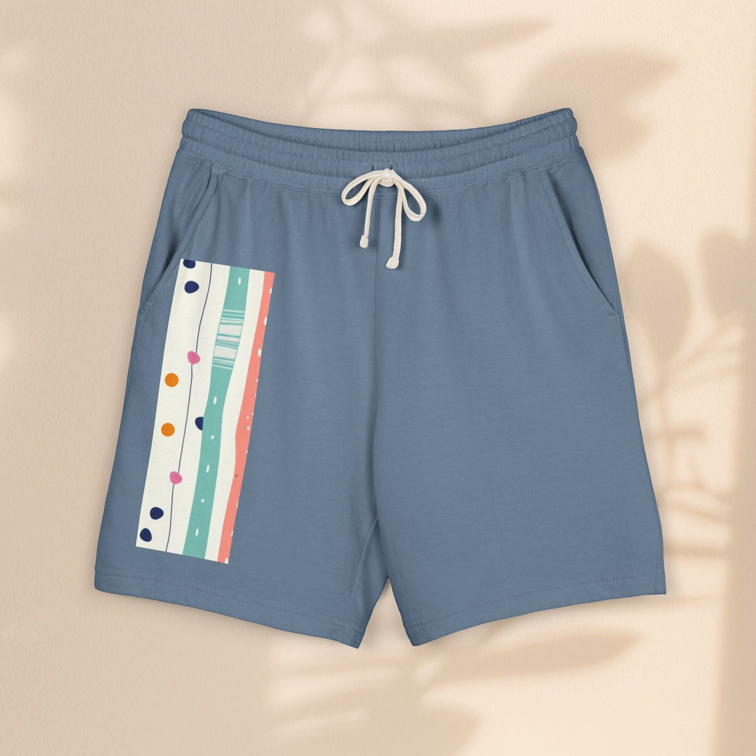 Sea Dragon Dreams pastel stripe fleece sweat shorts in blue with an elastic drawstring waist and side pockets.