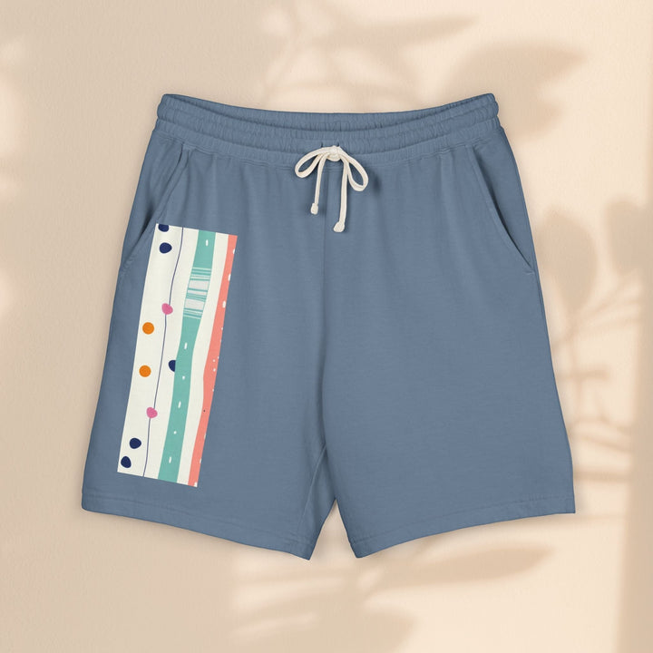 Sea Dragon Dreams pastel stripe fleece sweat shorts in blue with an elastic drawstring waist and side pockets.
