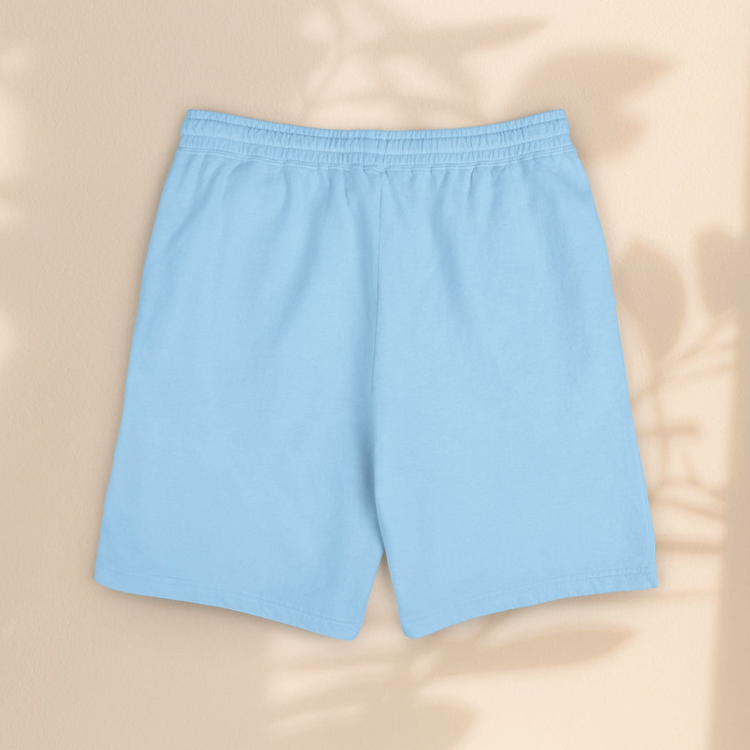 Sea Dragon Dreams light blue cotton fleece sweat shorts with an elastic waistband, shown against a neutral background.