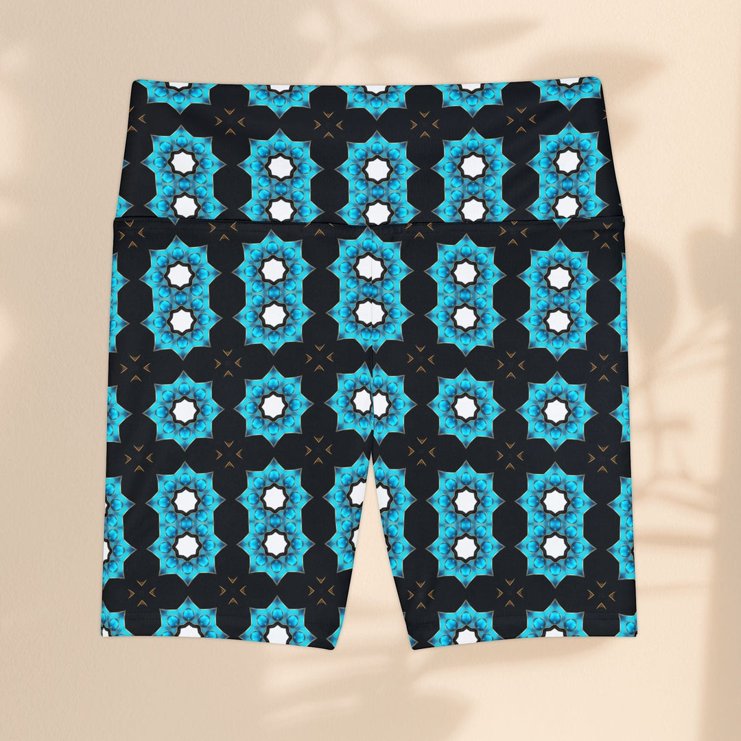 Sea Dragon Dreams women's workout shorts in polyester with a vibrant blue floral pattern and 4-way stretch fabric.