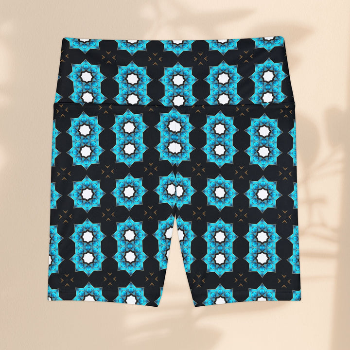 Sea Dragon Dreams women's workout shorts in polyester with a vibrant blue floral pattern and 4-way stretch fabric.