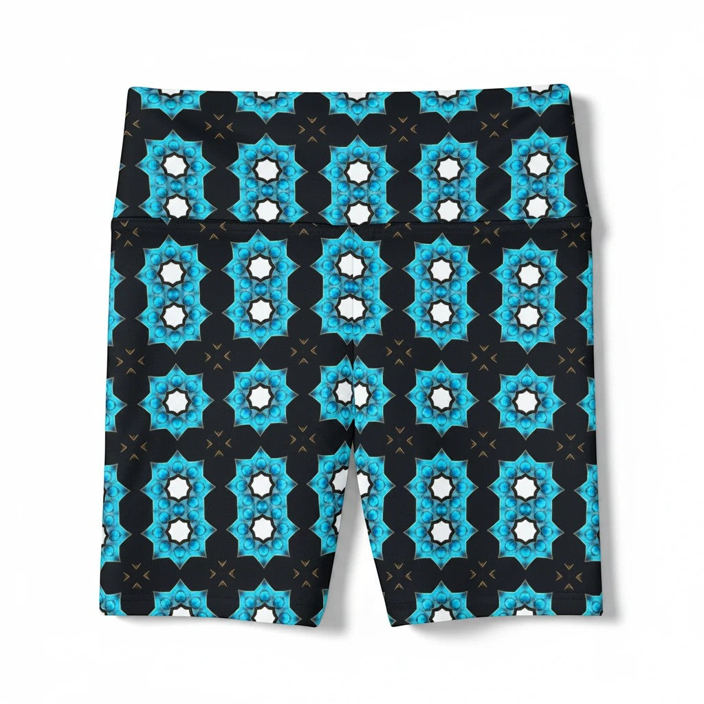 Sea Dragon Dreams women's workout shorts featuring a vibrant blue floral pattern on black polyester fabric.