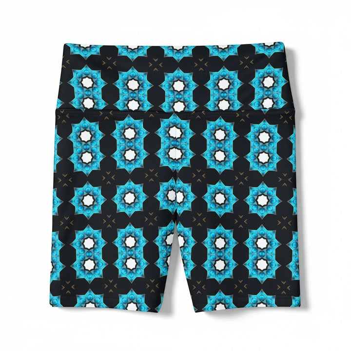 Sea Dragon Dreams women's workout shorts featuring a vibrant blue floral pattern on black polyester fabric.