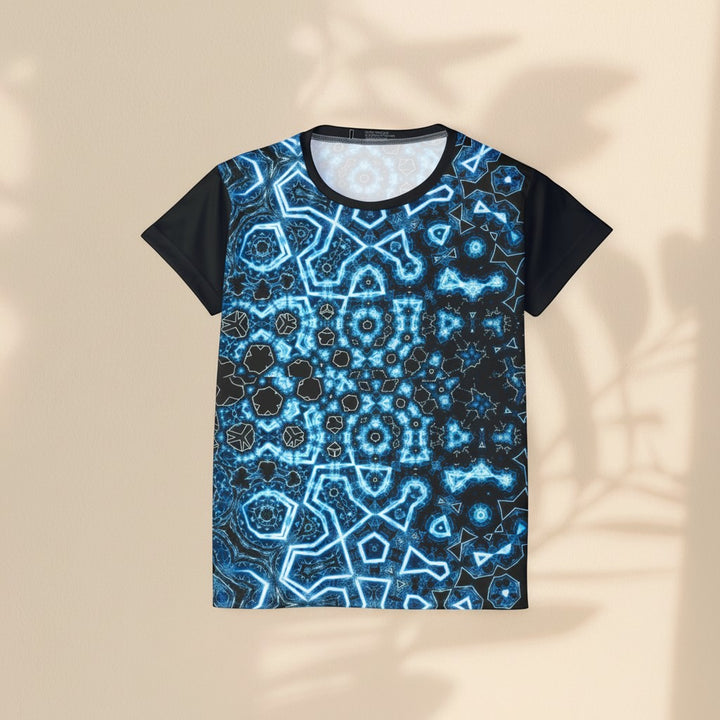 Sea Dragon Dreams women's sports jersey featuring a blue and black geometric shifting pattern on moisture-wicking fabric.